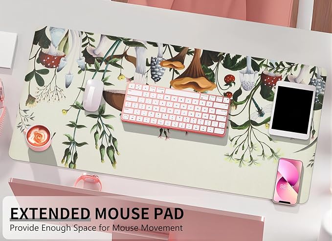 Bloss Plant Mushroom Desks Pad,Large Mouse Pad for Desktop, Leather Floral Desk Mat for Keyboard and Mouse,Waterproof Computer Laptop Desk Protector Mat for Office/Home/Women Gift,White 31.5" x 15.7"