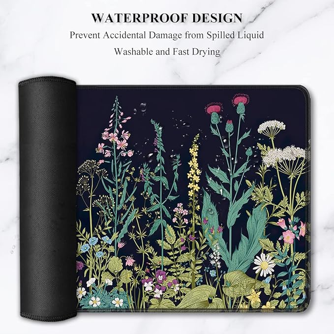 Auhoahsil Desk Pad, XXL Large Mouse Pad, Extended Gaming Mousepad, Cute Desk Mat for Women, Big Office Accessories Mouse Pad for Computer Keyboard and Laptop, 35.6" x 15.7", Black Wildflower Night