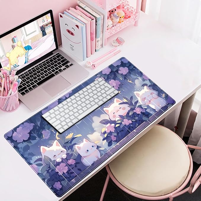 Kawaii Cat Desk Mat XXL Extended Purple Gaming Mouse Pad Large Mousepad, Cute Desk Mat Keyboard and Mouse with Stitched Edges Desk Pad for Game Office Home Desk Purple Decor 31.5x15.7 in