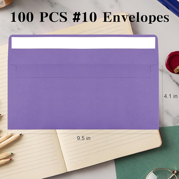 100 Pack Dark Purple #10 Business Envelopes, Standard Envelopes Self Seal, 4 1/8 x 9 1/2 Inch Letter Size Business Mailing Envelopes for Checks Invoices Statements Baby Shower Wedding Birthday