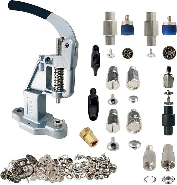 Hand Press with Brass 14 mm and 17 mm Jean Buttons Nipple Rivets 5mm (Nr3) Eyelets 7 and 9 mm Single Capped Rivets Matching Dies and Hole Punch (Silver Gray Press)