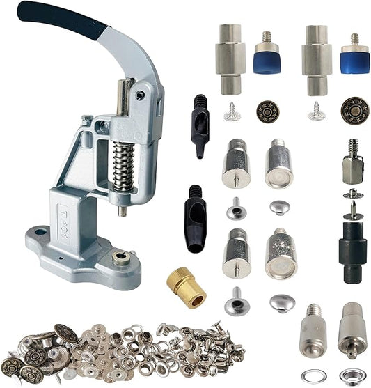 Hand Press with Brass 14 mm and 17 mm Jean Buttons Nipple Rivets 5mm (Nr3) Eyelets 7 and 9 mm Single Capped Rivets Matching Dies and Hole Punch (Silver Gray Press)