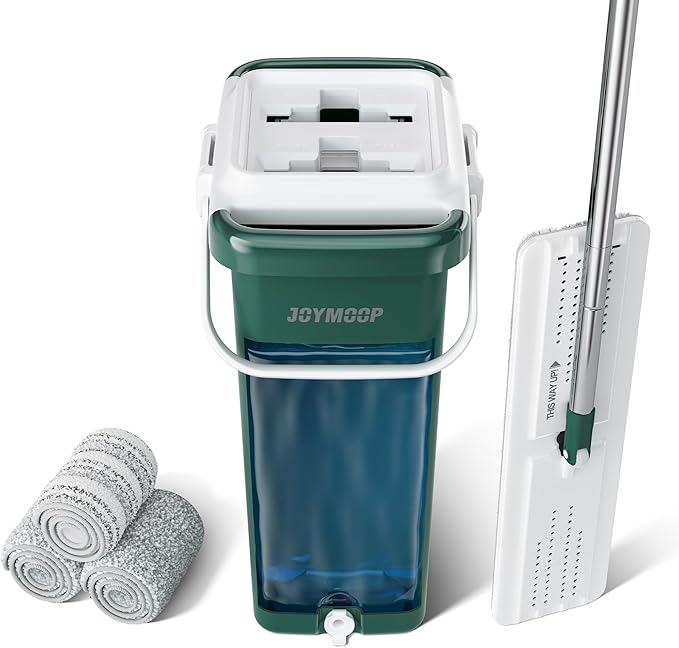 JOYMOOP Commercial Mop and Bucket Set, 17.7-inch Dust Mops for Floor Cleaning, Flat Mop Bucket with Wringer, Include 3 Reusable Microfiber Mop Pads - Forest Green