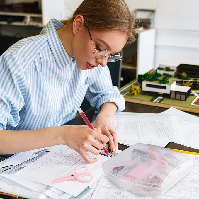 Colarr Mini Office Supply Kit Includes Stapler Tape Dispenser Staple Remover Paper Clips Scissor Staples Pen Sharpener Note Small Telescopic Knife for Office and School Clerk Student (Pink)