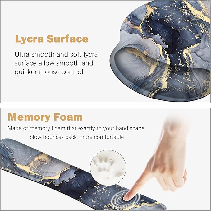 ARTSO Large Mouse Pad Ergonomic Keyboard Wrist Rest Support Combo, Memory Foam Gel Extended Desk Mat Protector, Non-Slip Desk Blotter, Dark Blue Marble