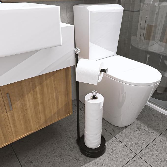 KASUNTO Toilet Paper Holder for Bathroom, Heavy Weighted Metal Free Standing Toilet Paper Holder Stand with Crystal Ball, Toilet Paper Roll Stand for Bathroom Accessories (Matte Black)