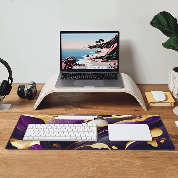 Desk Pad,Office Desk Mat 31.5"×11.8" Large Gaming Mouse Pad,Extended Computer Mouse Pad,Waterproof Thick Big Mouse Pads with Non-Slip Rubber Base Office Home Purple Gold Marble Flower