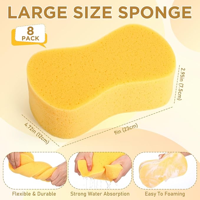 Tioncy 8 Pcs Giant Bone Sponge Bulk 9 x 4.7 x 3 Inch Jumbo Large Car Wash Sponge All Purpose Easy Grip Thick Foam Scrubber for Car Boat Garage Hotel Household Cleaning & Washing (Yellow)