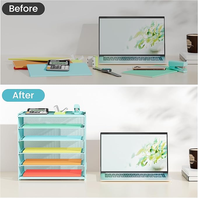 2 Pack 6 Tier Paper Organizer, Metal Mesh Desk File Folder, Letter Tray Organizer, Paper Sorter Desk Organizers for Office, Home or School File Folder Holder - Blue