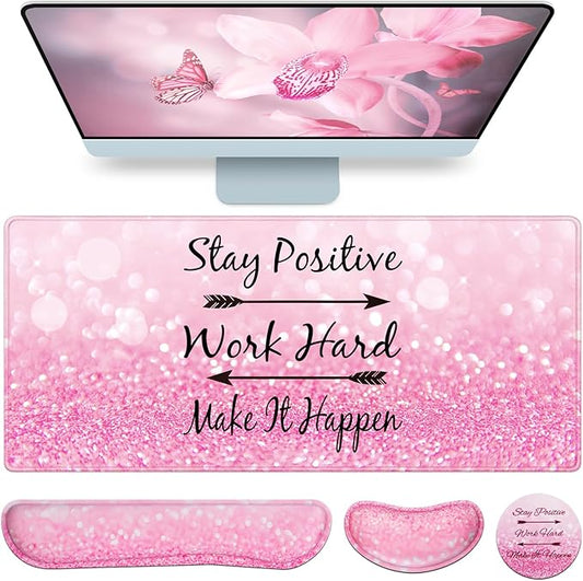 Mousepad Pink, Mouse Pad with Wrist Rest, 4-in-1 Large Mousepad+Keyboard Wrist Rest+Mouse Pad Wrist Support+Cup Pad Set,Ergonomic Mouse Pad,Anti-Slip,Memory Foam Desk Mat for Women Office Gaming