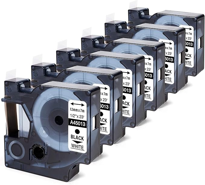 6-Pack Replace for Dymo Label Maker Refills D1 45013 a45013 S0720530, Black on White 1/2 Inch x 23Ft Used for Dymo LabelManager 160 420P 210D 280 360D PnP Label Maker, 12mm x 7m