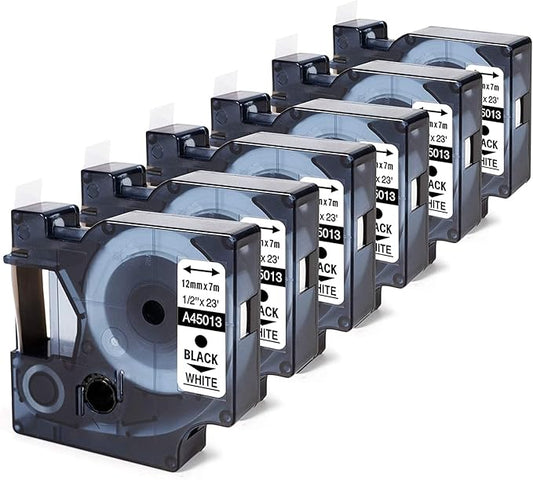 6-Pack Replace for Dymo Label Maker Refills D1 45013 a45013 S0720530, Black on White 1/2 Inch x 23Ft Used for Dymo LabelManager 160 420P 210D 280 360D PnP Label Maker, 12mm x 7m
