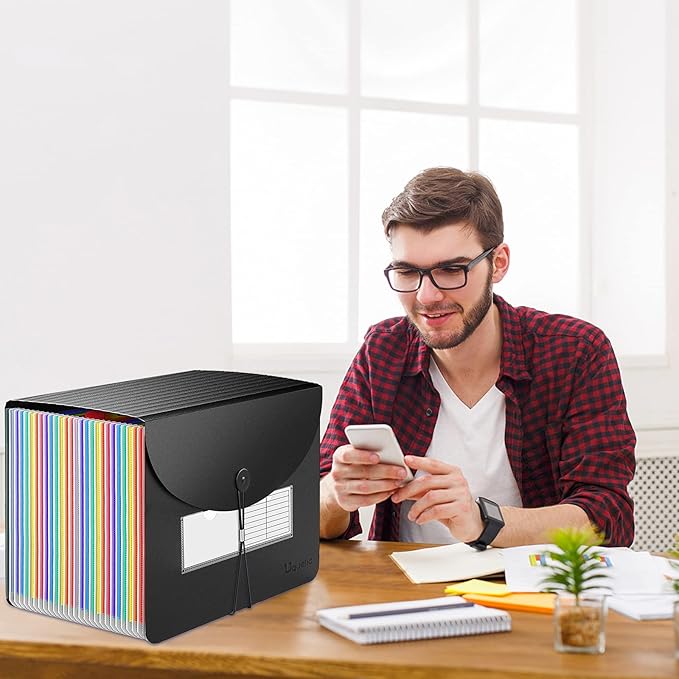 Uquelic Large Accordion File Organizer, Legal Size File Folder with 24 Pockets, Plastic Expanding File Organizer, Color Index& Elastic Strap for Legal/Letter/A4 Size Papers(Black)