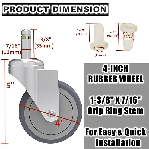 4-Inch Swivel Stem Caster, 7/16-Inch Stem Diameter Rubber Wheel, Heavy Duty TPR Replacement Wheels for Rubbermaid Mop Bucket Cart Grill Casters - 4 Pack