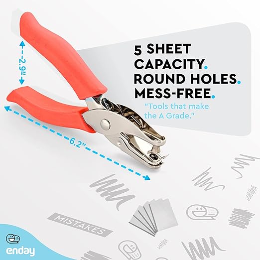 Single Hole Punch Metal Red, 1/4” Hole Puncher with Soft Grip Handles for Paper and Crafts Round Circle Shape, for Kids and Adults, Also Available in Green, Pink, Purple, Blue, Grey, 1 Pc – by Enday