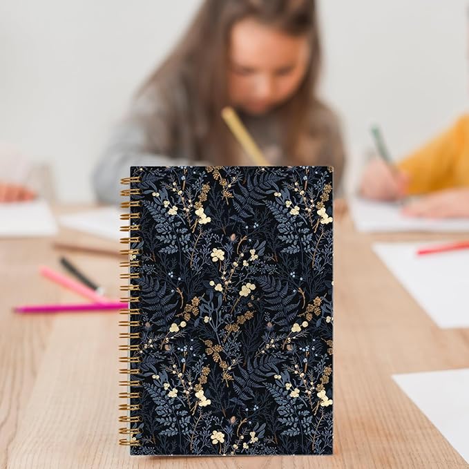 Vintage Blue Floral Notebook, Dark Cottagecore Wildflower Plants Journal, Vintage Fern Herb Leaf Botanical Floral Journal for Writing, Spiral Notebook 5.5x8.3 Inch