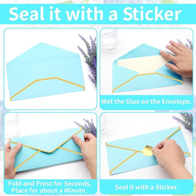 Business Envelopes with V-Flap,Gold Border 30 Pack #10 Envelopes Made of 150gsm Paper, Standard Envelopes with Gold Stickers for Office, Checks, Letter Mailing,9.45 x 4.13 Inches (Light Blue)