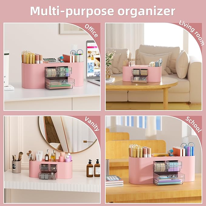 Marbrasse Desk Organizer Pen Holder for Desk with 3 Drawers, Multi-Functional Pencil Holder, Desk Organizers and Accessories with 7 Compartments for Home, School, Classroom(Pink)