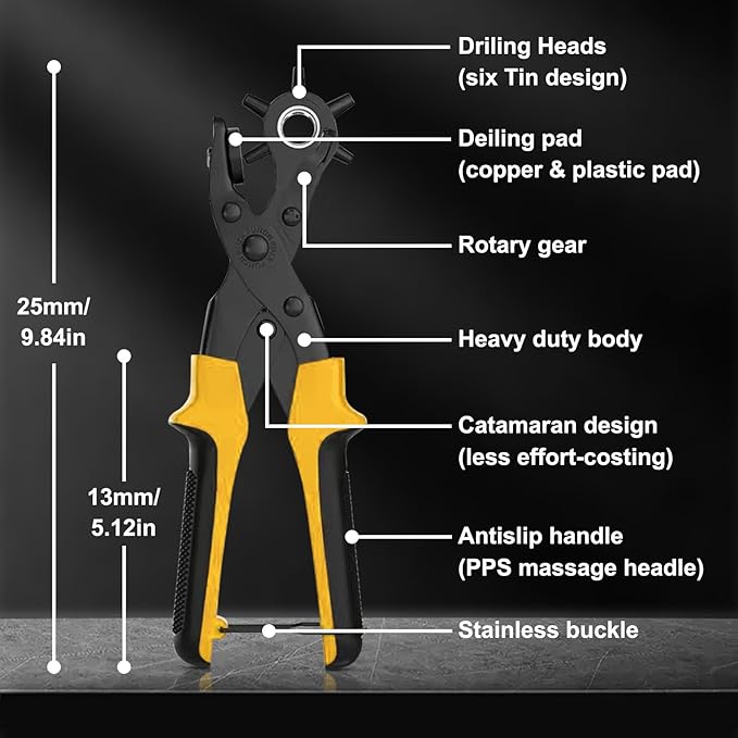 Leather Hole Puncher, Diyife® Full Set Punch Tool Kits for Belt, Watch Band, Shoe, Crafting, Handbag Straps, Fabric, with Extra Punch Plates and Ruler, Multi Hole Sizes Make - Yellow