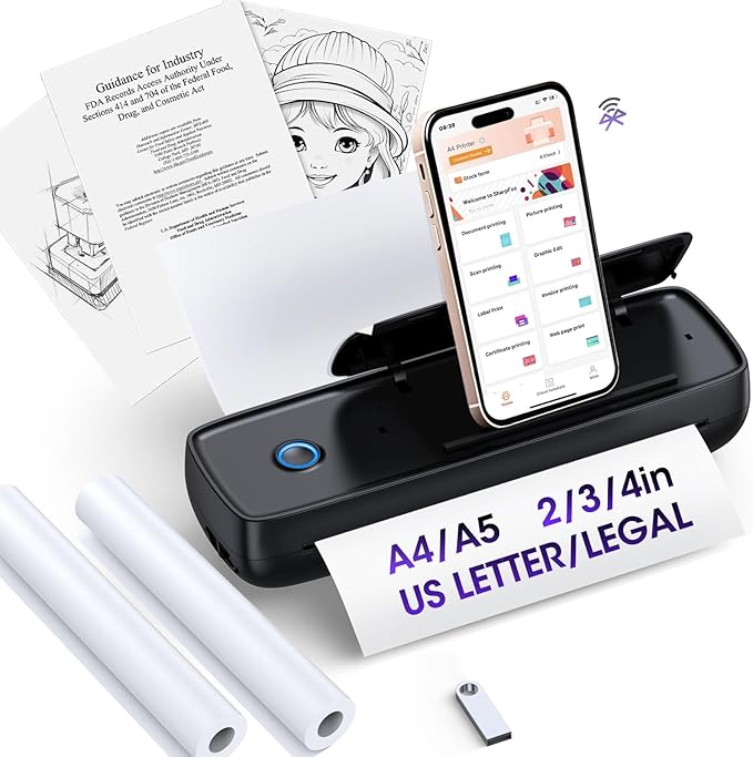 Aixiqee Inkless Portable Wireless for Travel - High Resolution, 4200mAh Battery, Thermal Mini Printer for A4/A5/US Letter, Bluetooth & USB, Lightweight Wireless Printer for Home/Office
