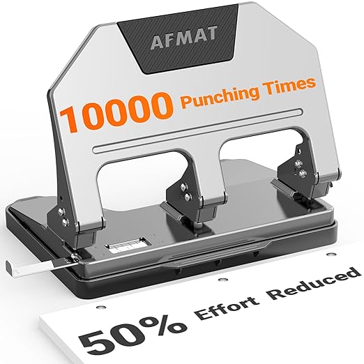 AFMAT HPX3 Heavy Duty 3 Hole Punch, 40-Sheet 3 Hole Puncher for Binder, Metal Three Hole Punch w/ 10,000+ Uses, 50% Reduced Effort, Bulit-in S.S. Paper Guide, Large Chip Tray, Gray