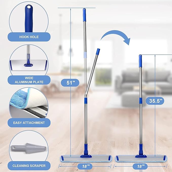 Professional Hardwood Floor Mop - 18" Microfiber Flat Mop with Washable Pad, Adjustable Stainless Steel Handle (35.5"-51") for Wet and Dry Mopping on Laminate, Tile & Vinyl Floors