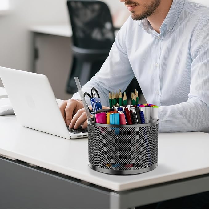 LUCYCAZ 360 Rotating Metal Pencil Pen Holder for Desk, Rotating Pencil Cup with 5 Slots, Dual-Purpose Desk Pen Organizer for Office, School, Home (Round)