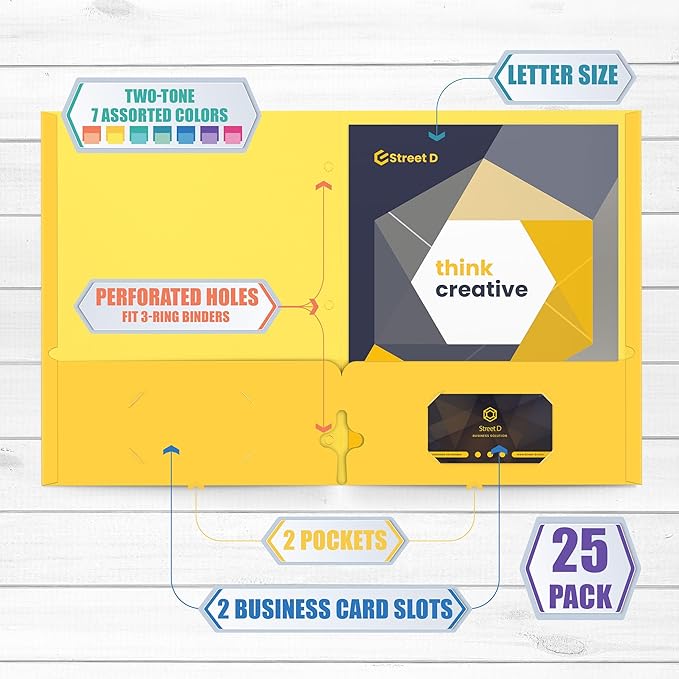 2 Pocket Folders, Assorted 7 Vibrant Colors with Complementing Interior Colors, Fits Letter Size Paper, for School, Office, Home (3 Hole Punched, 25)