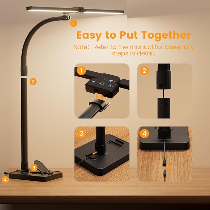 LED Desk Lamp with Base - Bright Dimmable Computer Lamp with Phone Holder, 24W Bendable Desk Light for Monitor Screen, Eye-Caring Tall Desktop Light for Task Home Office Work, Black, Dual Head