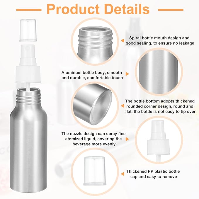 HARFINGTON Aluminum Fine Mist Spray Bottles 60ml/2.03oz Metal Small Liquid Alcohol Refillable Travel Container with White Plastic Nozzle Cap for Perfume Skincare Cosmetic Storage Bottle