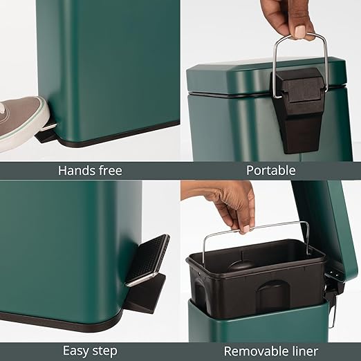 mDesign Small Modern 1.3 Gallon Rectangle Metal Lidded Step Trash Can, Compact Garbage Bin with Removable Liner Bucket and Handle for Bathroom, Kitchen, Craft Room, Office, Garage - Hunter Green