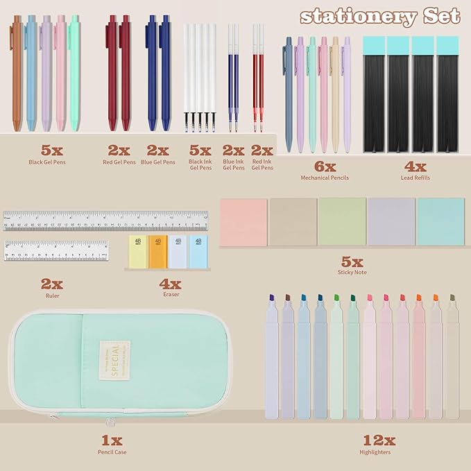 52 Aesthetic School Supplies with Cute Pen Case,5 Black, 2Blue,2 Red Ink Gel Pens,12inch and 6inch rulers,6 Mechanical Pencils for Students Stationary College Essentials