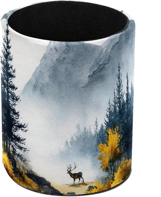 Watercolor Mountain Deer Circular Pen Holder, Pen Cup Makeup Brush Holder, Design for School, Home and Stationary Supplies (3.9 x 3.1 Inches)