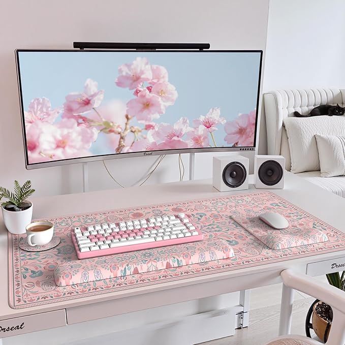 iCasso Mouse Pad with Wrist Rest,Large Desk Mat Set,Ergonomic Keyboard Pad with Wrist Support,Non-Slip Mouse Mat for Women,Cute Floral Computer Mat for Home Office Gaming (Pink)