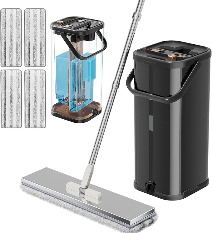 SWIFTIRON Separates Dirty Water Mop, Flat Mop and Bucket for Home with 4 Extra Refills, Stainless Steel Mop and Bucket with Wringer (Black)