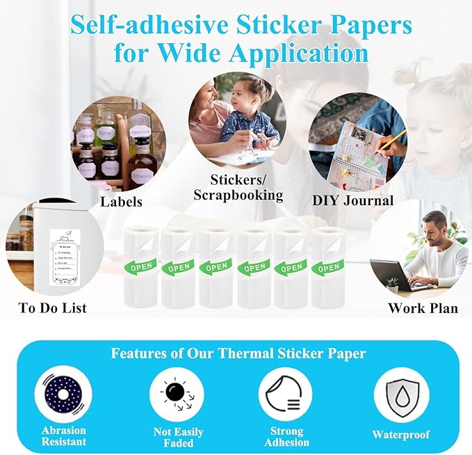 16 Rolls Mini Thermal Printer Paper, Including 6 Sticker Paper & 10 Plain Paper Rolls for Mini Portable Printers, 57X25 mm, Suitable for Various Inkless Sticker Printers