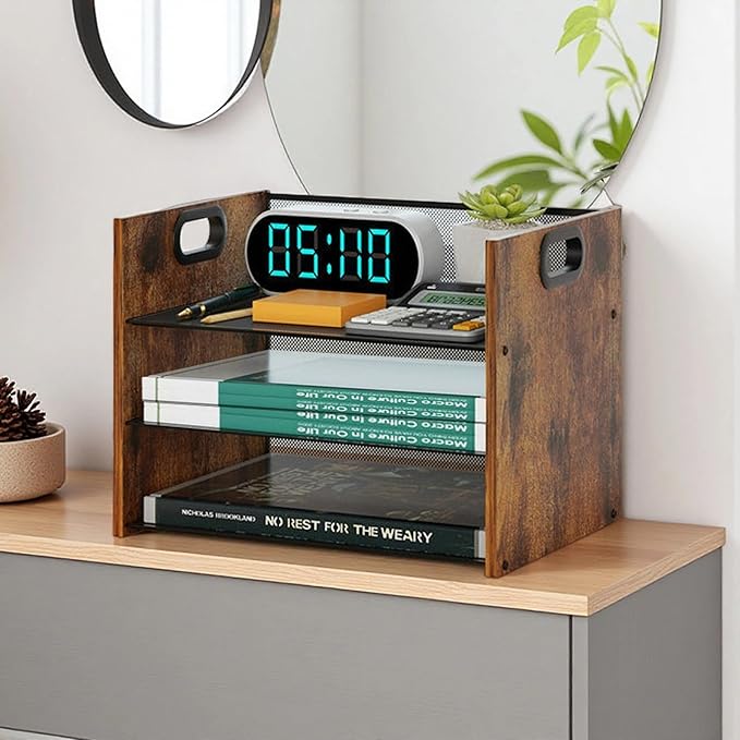 Wood Desk Organizer - 3-Tier Desktop File Organizer, Wooden Paper Tray, Office Desk Organzier and Accessories for Papers, Mail, Notebooks, Stationery