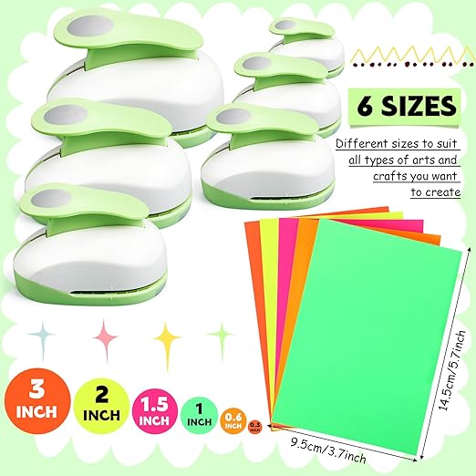 Chengu 6 Pcs Circle Punch Set 3in/2in/1.5in/1in/0.6in/0.3in Scrapbook Hole Punchers Crafting with 10 Sticker Paper Round Cutter Scrapbook for Office Supplies DIY Albums Photos