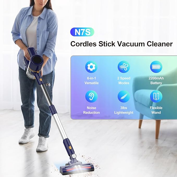 Powaert N7S Cordless Vacuum Cleaner, 6-in-1 Multifunction Cordless Vacuum, 210W Powerful Vacuum Cleaner, 6 Cell 2200mAh Stick Vacuum Cordless Rechargeable for Home (Indigo)