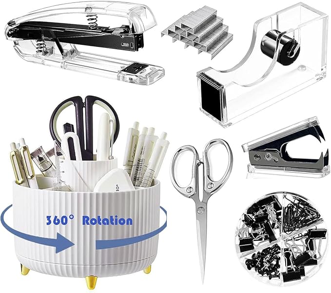 Desk Organizers and Accessories 7Pcs Set with 360-Degree Rotating Pen Holder, Acrylic Stapler, Tape Holder, Staple Remover, Binder/Paper Clips Kit, Scissor and 1 Box of Staples (Black)