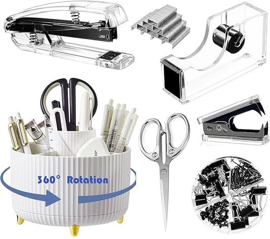 Desk Organizers and Accessories 7Pcs Set with 360-Degree Rotating Pen Holder, Acrylic Stapler, Tape Holder, Staple Remover, Binder/Paper Clips Kit, Scissor and 1 Box of Staples (Black)