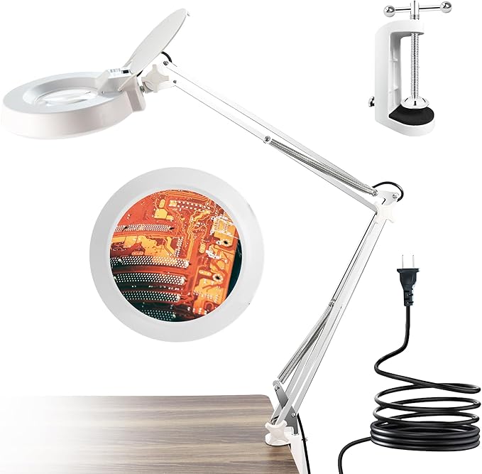10X Magnifying Glass with Light and Stand,Desk Lamp with Real Glass Magnifier,Adjustable Stainless Steel Bracket Clip on,Lighted Magnifying Glasses for Close Work, Reading, Crafts, Jewelry, Sewing