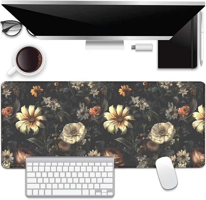 Black Background Flowers Desk Pad Mouse Pad,Large Floral Mouse Mat with Stitched Edges,Non-Slip Rubber Base Elegant Mousepad for Office PC Keyboard Laptop and Home Work Desk Mat(27.5X11.8 in)