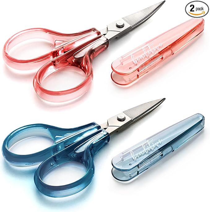 Beaditive Detail Craft Scissors Set (2 pcs) Curved and Straight, Sharp, Compact | Sewing, Embroidery, Paper Cutting, Crafting | Stainless Steel | Protective Cover (Blue&Pink)