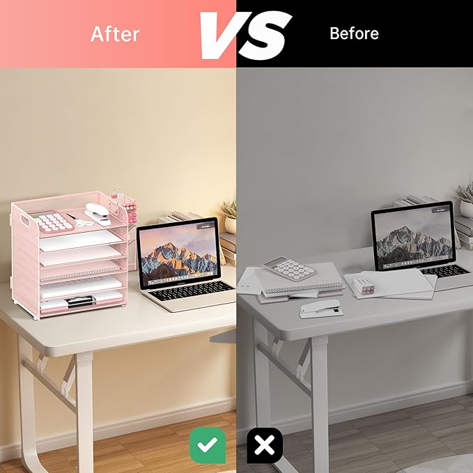 SUPEASY 6 Tier Desk Organizer with 4 Pen Holders, Mesh Paper Organizer Letter Tray with Handle, Desk Organizer Tray File Organizer for A4 File Folder, Rose Pink