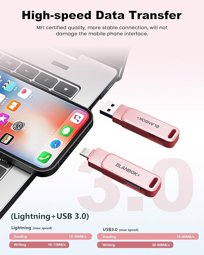 MFi Certified 512GB Flash Drive for iPhone Photo Stick, USB Memory Stick iPhone Flash Drive for Photos Videos, High Speed External Storage USB Stick Thumb Drive for iPhone/iPad/Android/PC(Rose Pink)