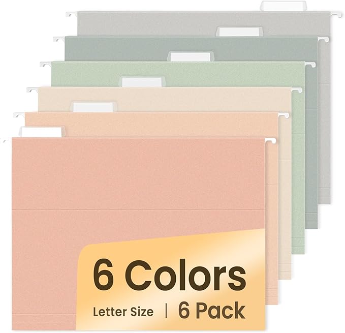 SUNEE Hanging File Folders, 6 Pack Letter Size Hanging File Folders with 1/5-Cut Tabs, Ideal for Home and Office Organization and Papers Classification,Morandi Colors