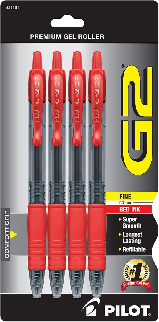 Pilot® G-2™ Retractable Gel Pens, Fine Point, 0.7 mm, Clear Barrels, Red Ink, Pack Of 4