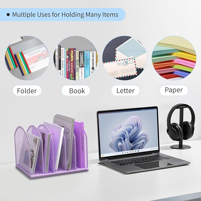 5-Section Vertical Desktop Organizer, 5-Section Mesh File Folder Stand Sorter for Office Home Classroom Organization (1, Purple)