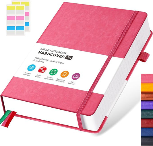 Lined Journal Notebook for Women/Men Writing Work, 320 Pages Hardcover Pink Leather Daily Diary Journals Note book College Ruled for Note Taking, A5 (5.7'' X 8.4'')